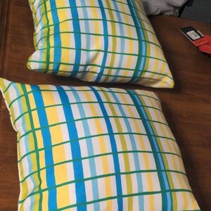 Plaid Patterned Throw Pillow Set - Blue, Yellow, Green
